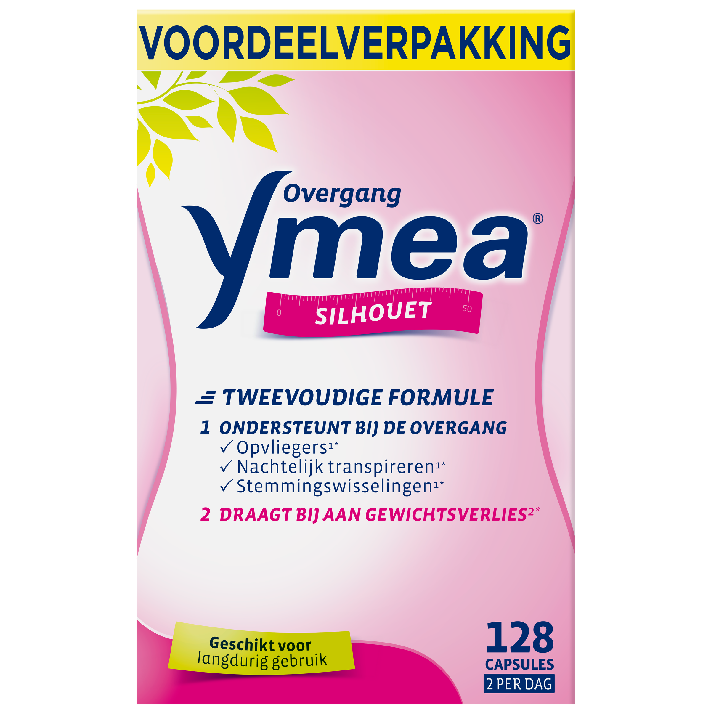 Ymea Overgang silhouet herbal supplement capsules, 128-count package, natural plant-based remedy for menopause support.