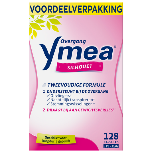 Ymea Overgang silhouet herbal supplement capsules, 128-count package, natural plant-based remedy for menopause support.