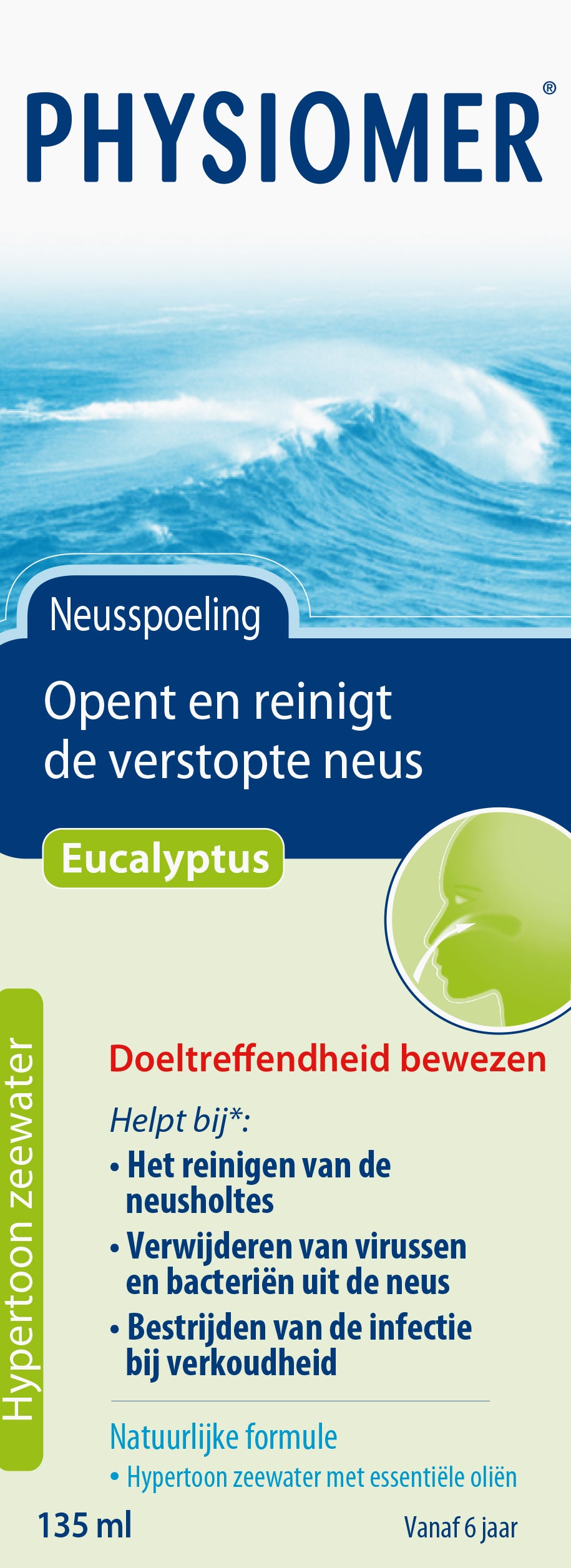 Physiomer Eucalyptus nasal rinse bottle with 135ml, nasal care and inhalation product for sinus relief.