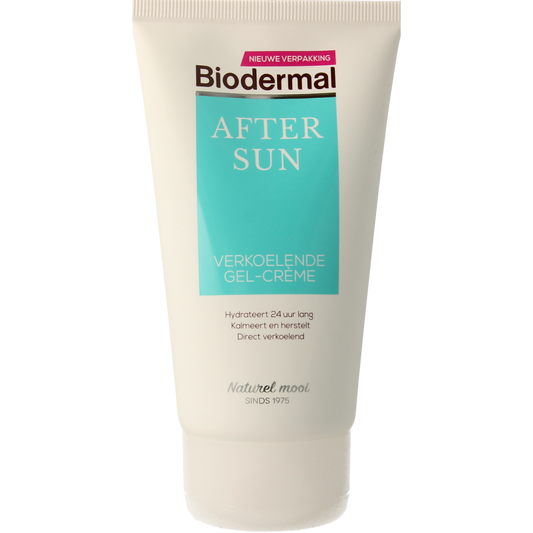 Biodermal Aftersun verkoelende gel crème in 150ml, soothing sunscreen after sun exposure, with a calming, hydrating texture.