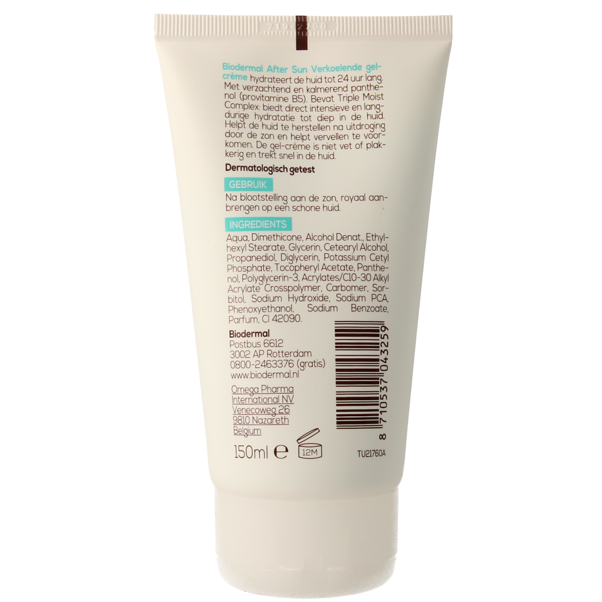Biodermal Aftersun verkoelende gel crème for sun-exposed skin, 150ml, with soothing aloe and cooling ingredients.