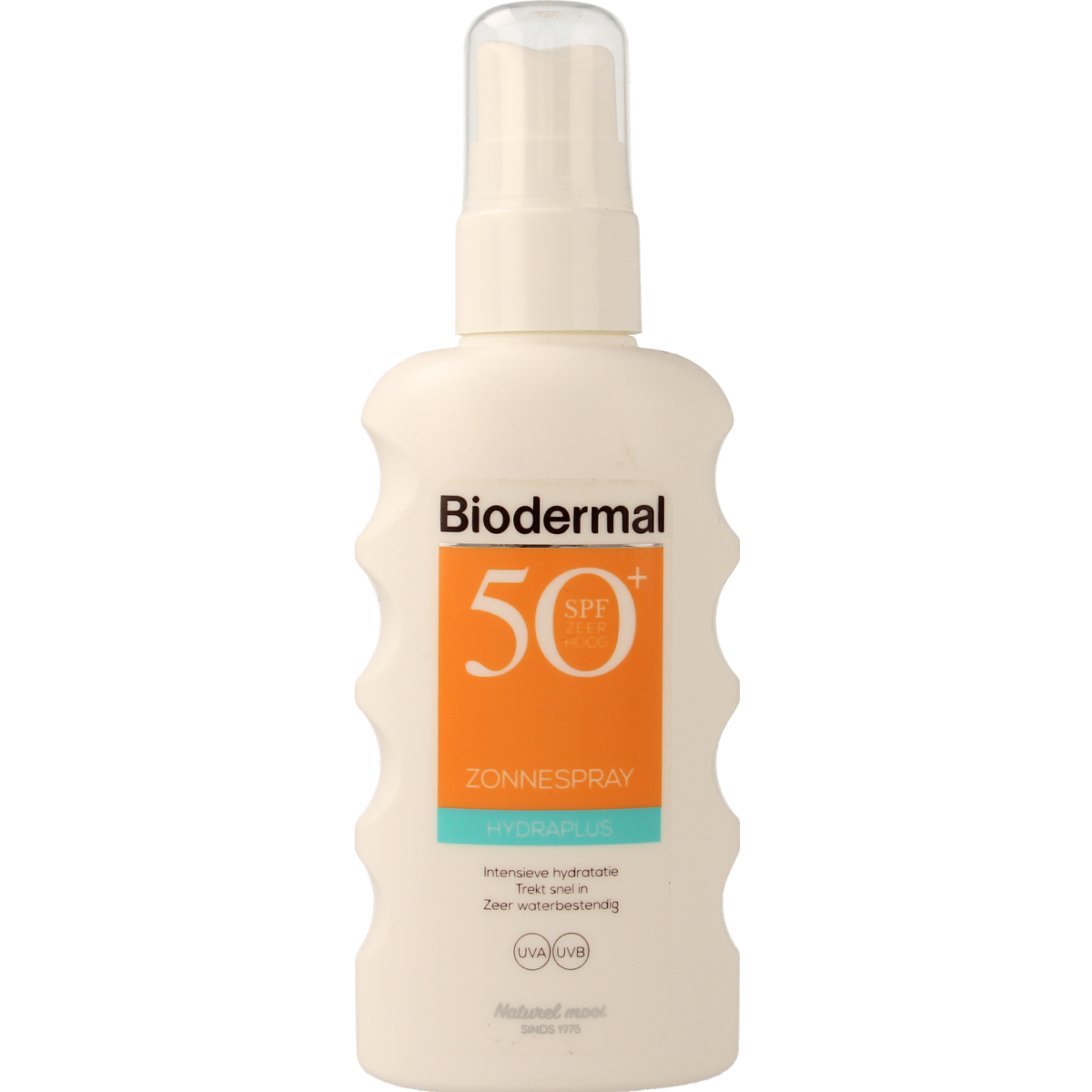 Biodermal Hydraplus SPF50 sun spray in 175ml bottle, featuring a white and blue packaging with a spray nozzle for sun protection.
