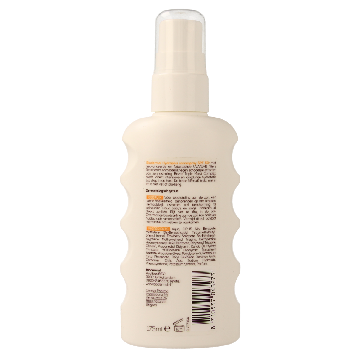 Biodermal Hydraplus SPF50 sun spray bottle, 175ml, with spray nozzle, for high sun protection and hydration.