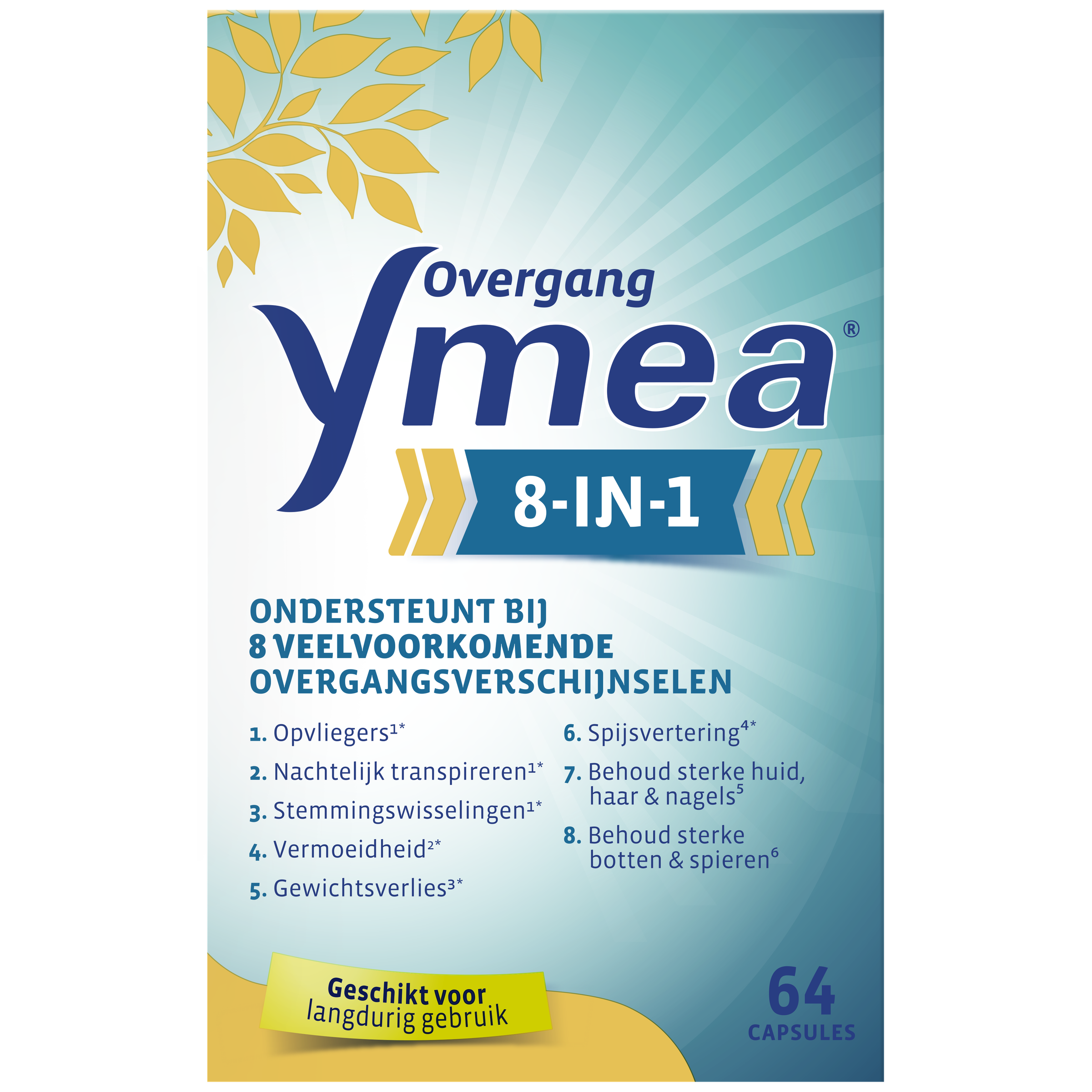 Ymea Overgang 8 in 1 herbal supplement capsules in a blister pack, designed for women’s wellness and hormone support.