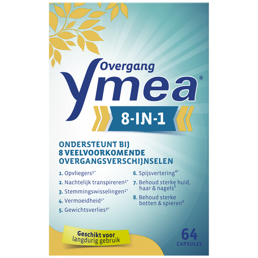 Ymea Overgang 8 in 1 herbal supplement capsules in a blister pack, designed for women’s wellness and hormone support.