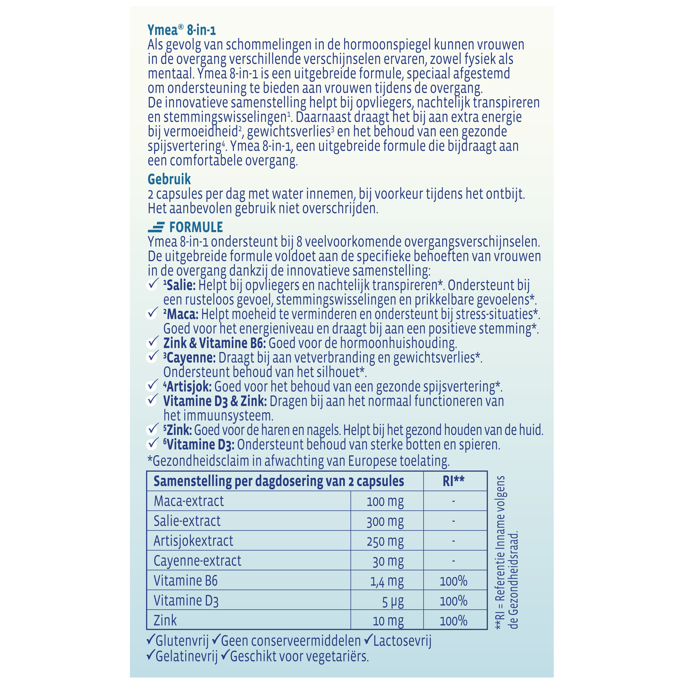 Ymea Overgang 8 in 1 herbal supplement capsules, 64 count, shown in a bottle with label and capsules inside.