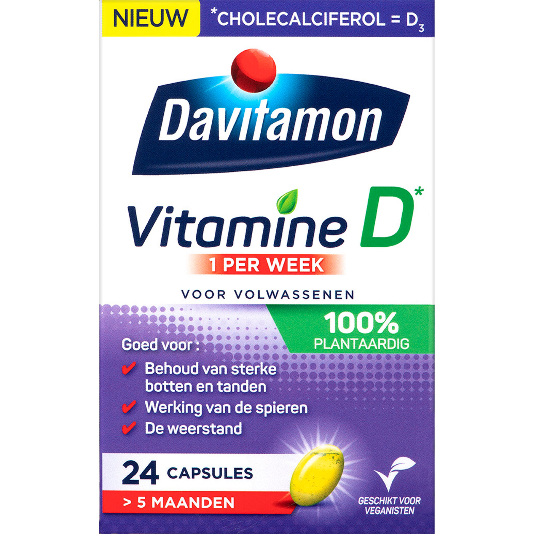 Davitamon Vitamin D3 vegan capsules in a blister pack, dietary supplement for bone health and immune support.