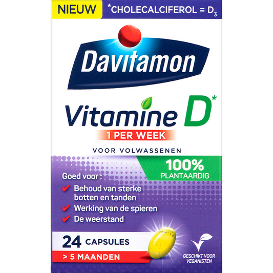 Davitamon Vitamin D3 vegan capsules in a blister pack, dietary supplement for bone health and immune support.
