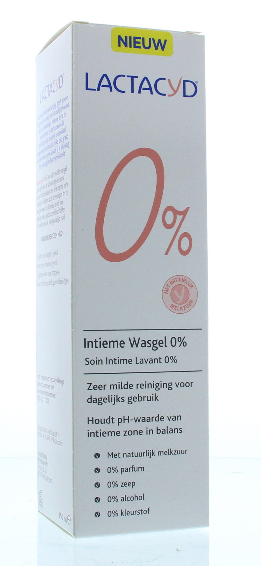 Lactacyd Wasemulsie 0% feminine hygiene wash bottle, 250ml, gentle cleansing for women's intimate health in a white container