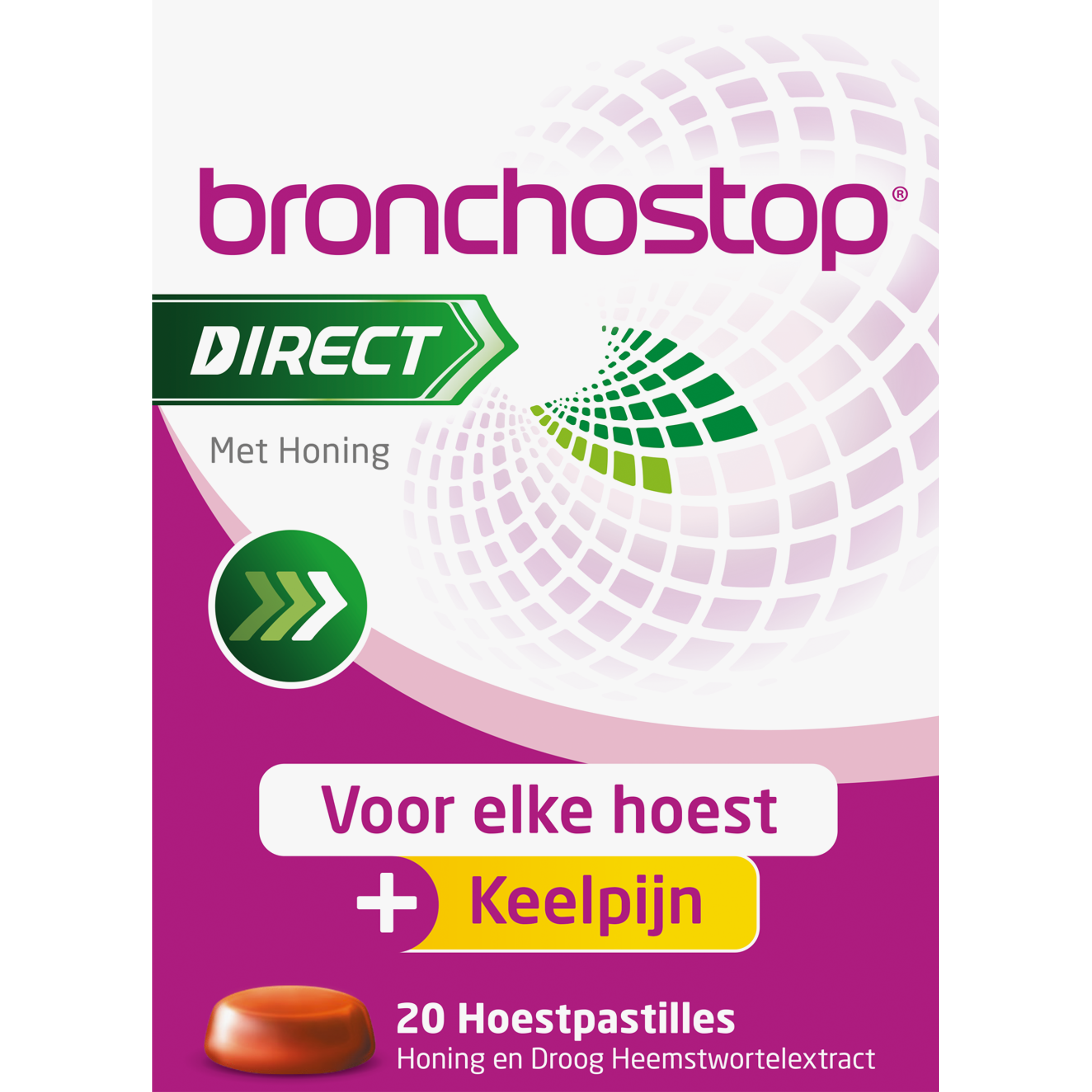 Bronchostop Direct pastilles hone with 20 koeken, natural cough relief, in a clear package showing the Bronchostop branding.