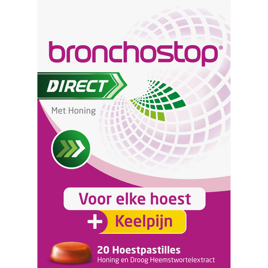 Bronchostop Direct pastilles hone with 20 koeken, natural cough relief, in a clear package showing the Bronchostop branding.