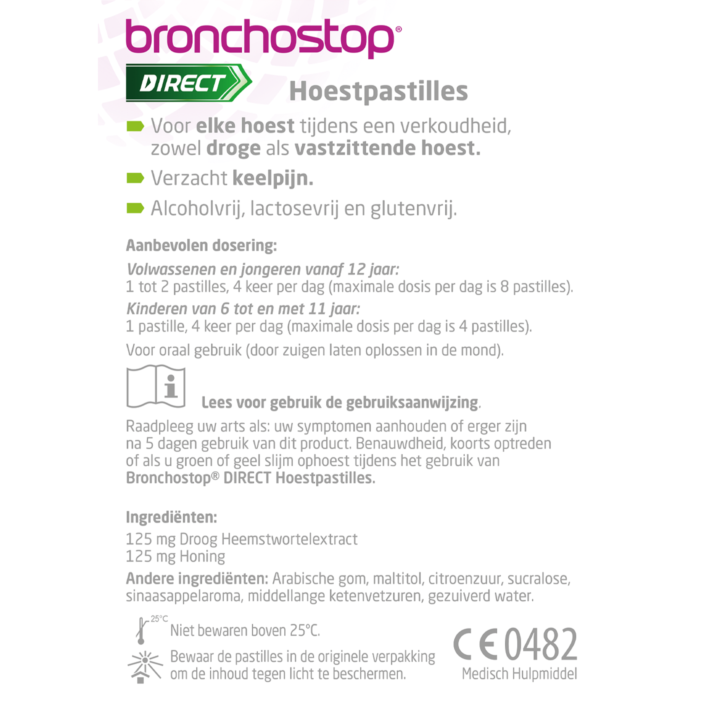 Bronchostop Direct pastilles in a box, honey-flavored throat lozenges, natural remedy for soothing coughs and sore throats.