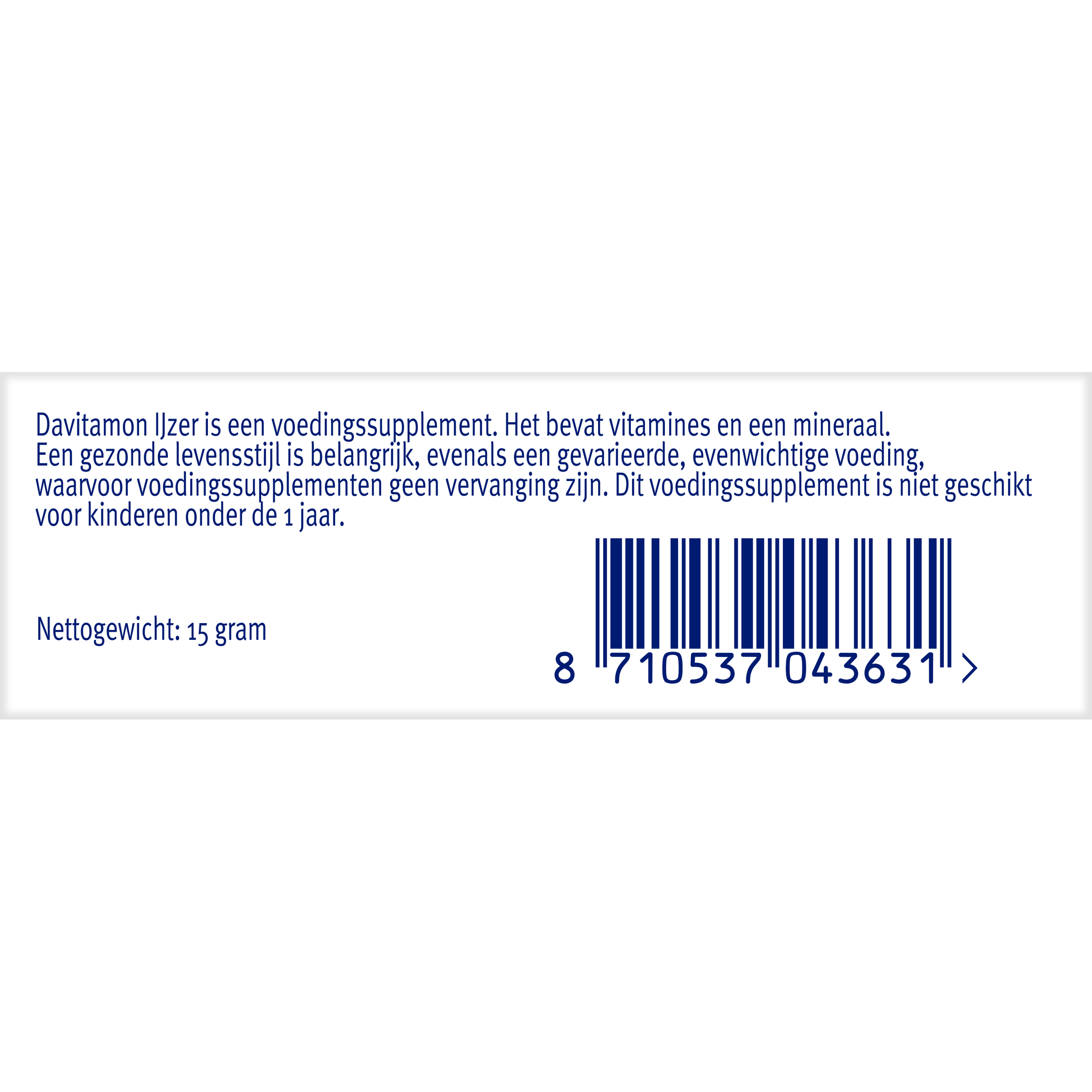 Davitamon IJzer met B12 mineral supplement tablets in a bottle, showing the label and tablet details.
