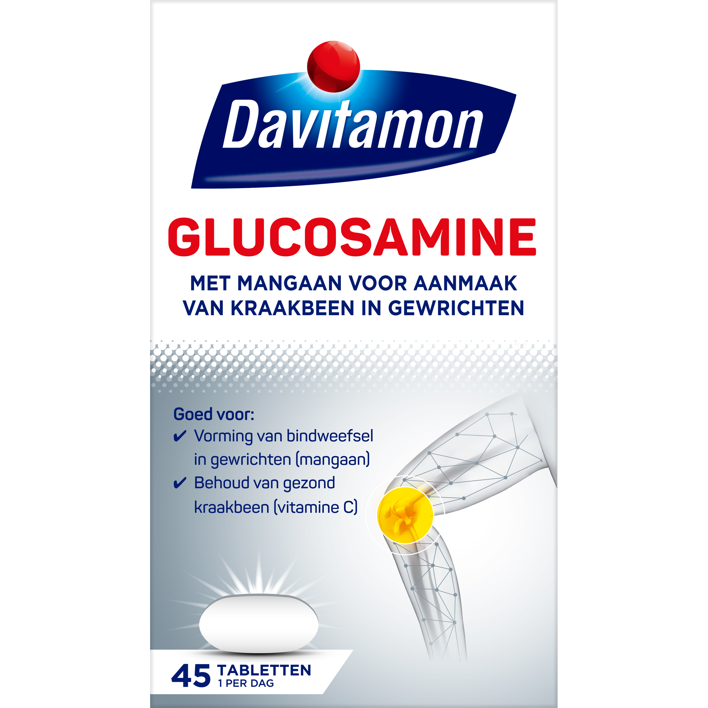 Davitamon Glucosamine mineral supplement tablets, white packaging, 45 tablets, designed for joint support and cartilage health.