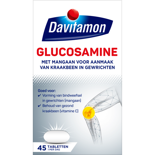 Davitamon Glucosamine mineral supplement tablets, white packaging, 45 tablets, designed for joint support and cartilage health.