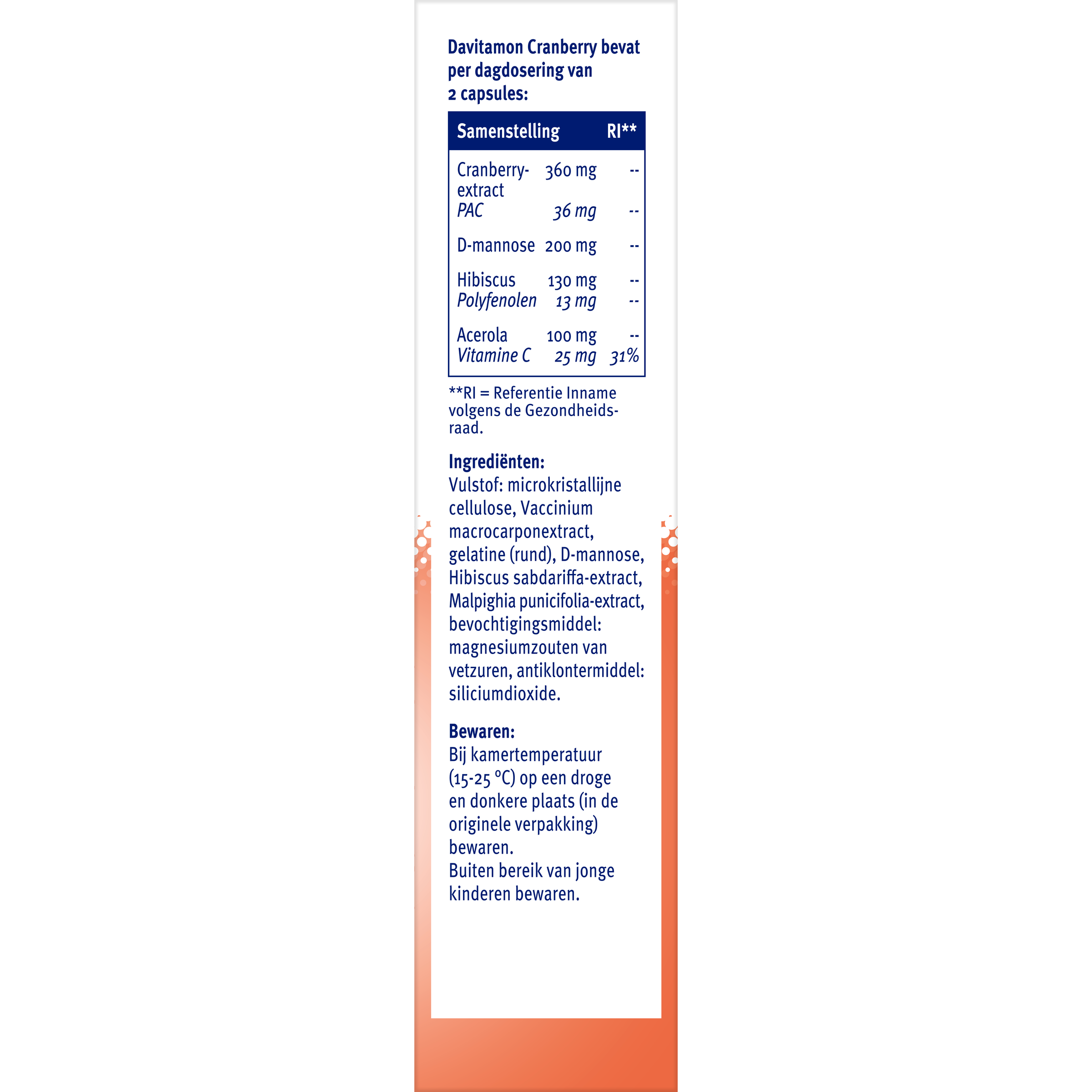 Davitamon Cranberry capsules, herbal supplement in a bottle, showing 30 capsules for urinary health support.