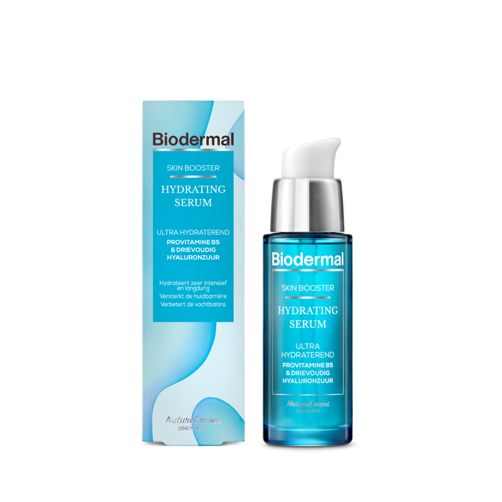 Biodermal Skin Booster Hydrating Serum with vitamin B in a 30ml bottle, designed for facial skincare and hydration.