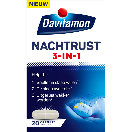Davitamon Nachtrust 3-in-1 herbal supplement capsules in a blister pack, designed for natural sleep support.