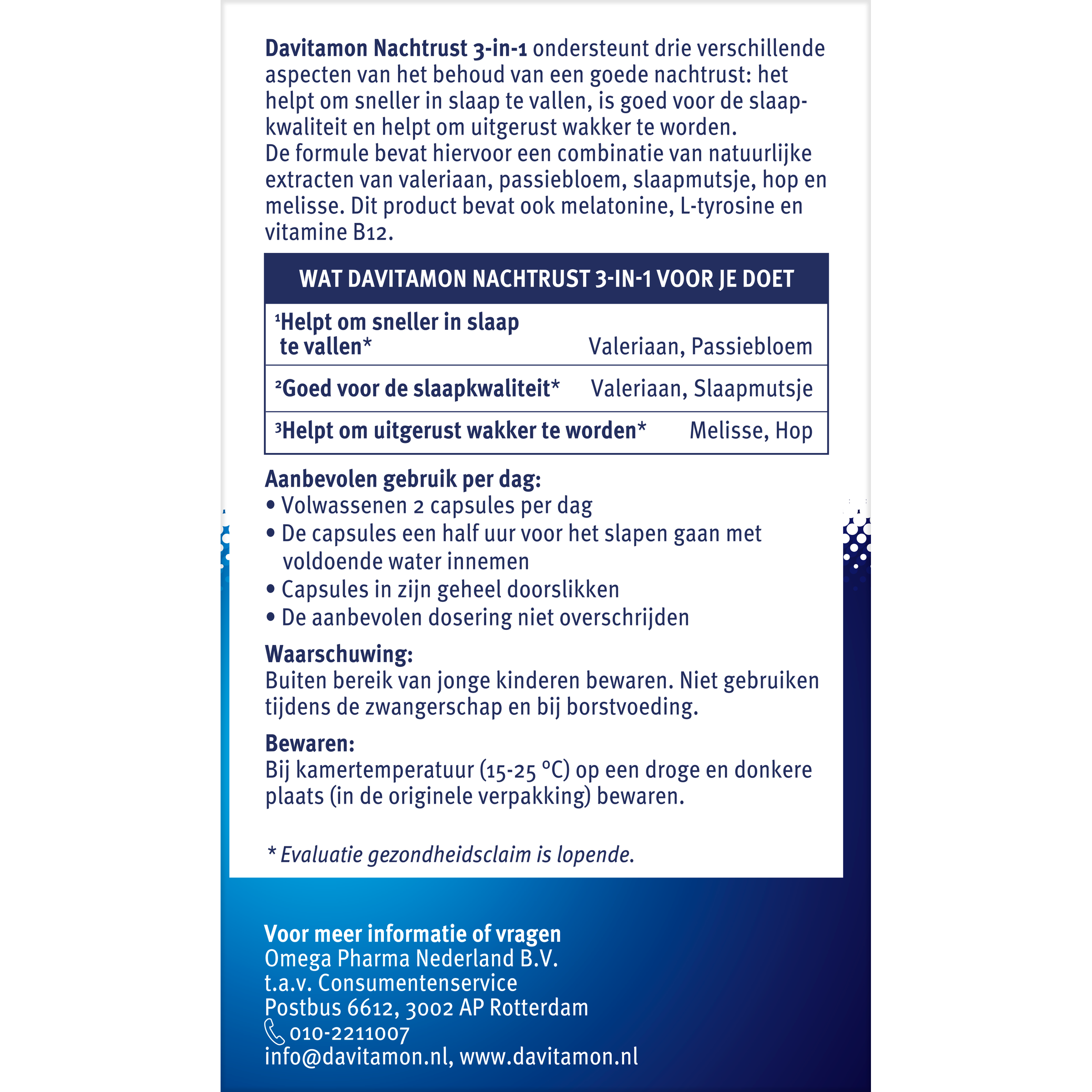 Davitamon Nachtrust 3-in-1 kruidenpreparaten capsules, natural sleep support supplement with 20 capsules in a blister pack