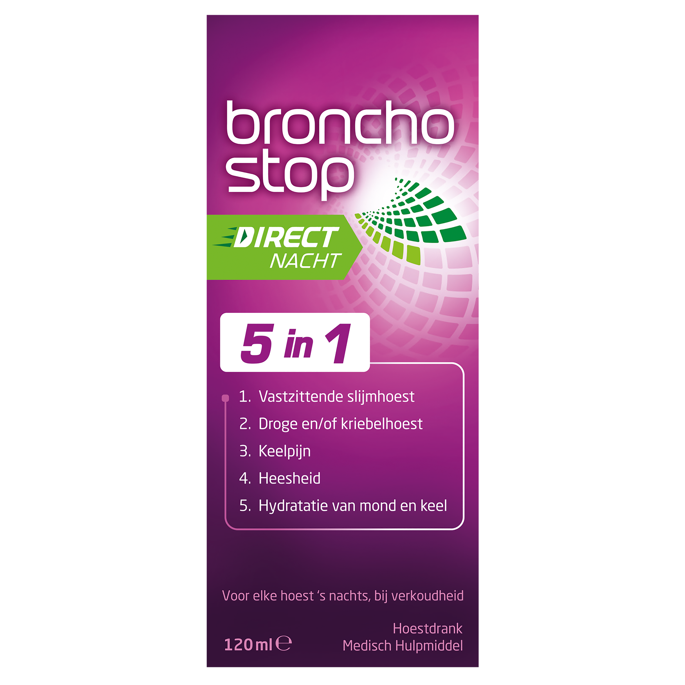 Bronchostop Hoestdrank direct nacht 5 in 1 herbal cough syrup in 120ml bottle, designed to soothe nighttime coughs.