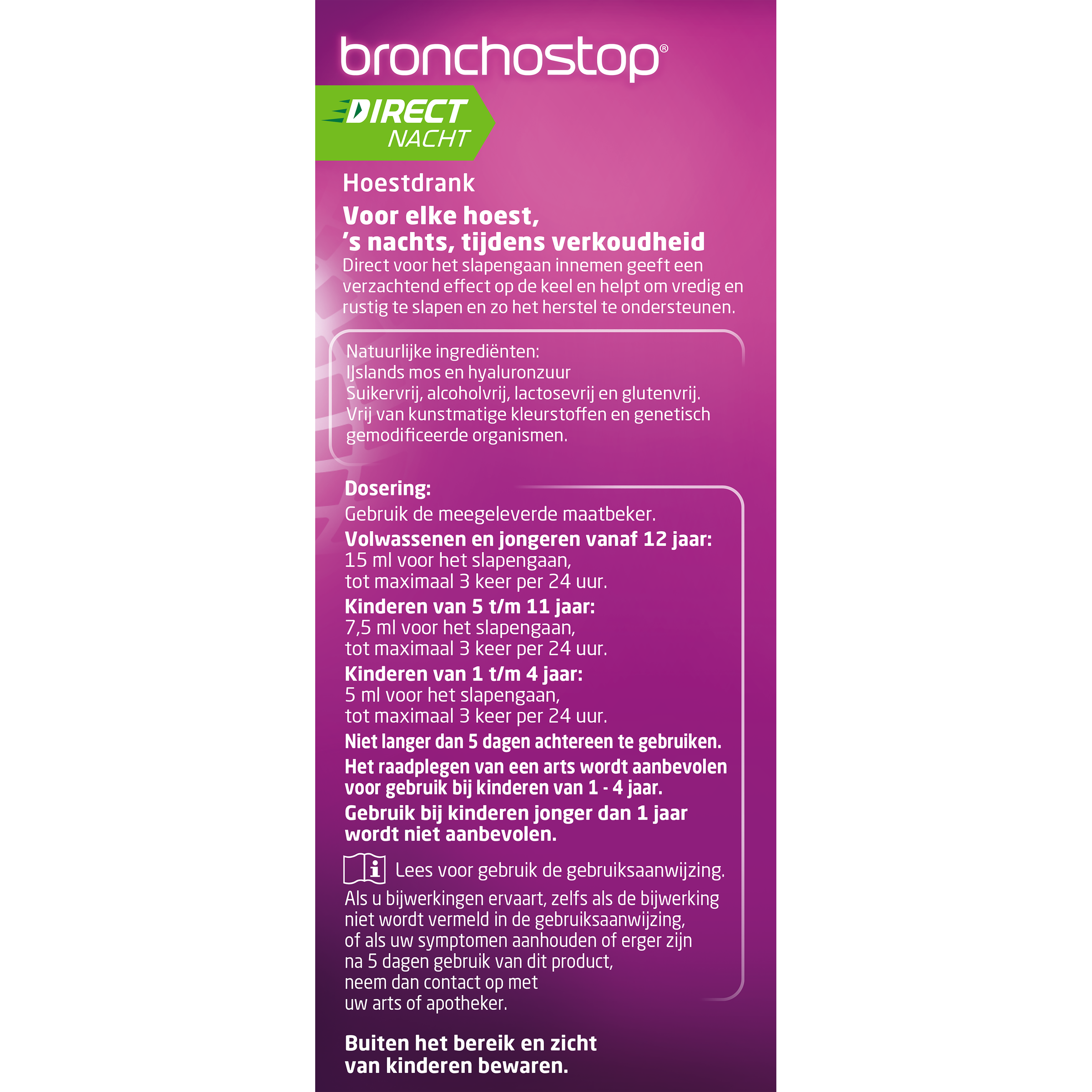 Bronchostop Hoestdrank direct nacht 5 in 1 herbal cough syrup in 120ml bottle, designed to soothe nighttime coughs.