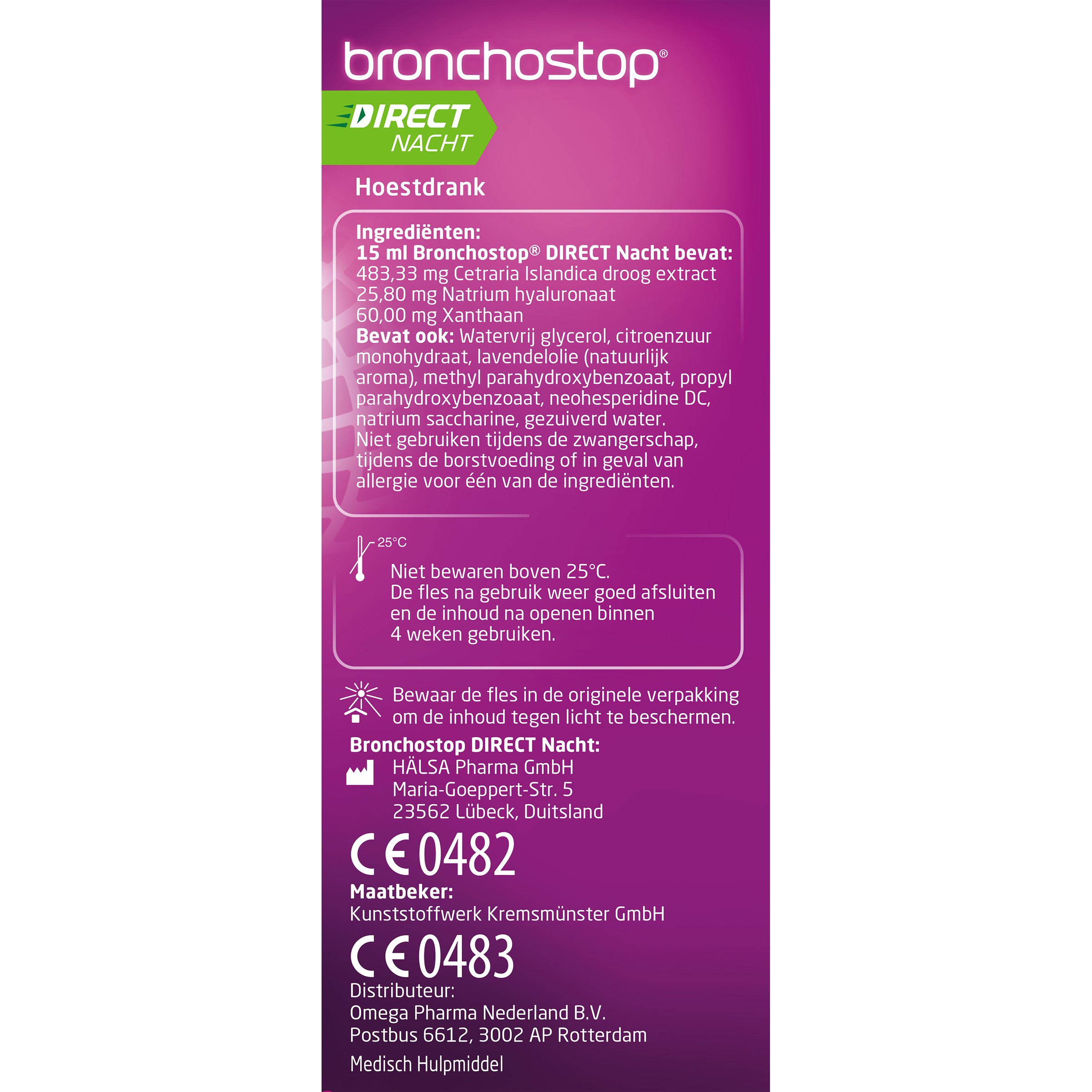 Bronchostop Hoestdrank direct nacht 5 in 1, herbal cough syrup in 120ml bottle for nighttime relief of cough and sore throat.