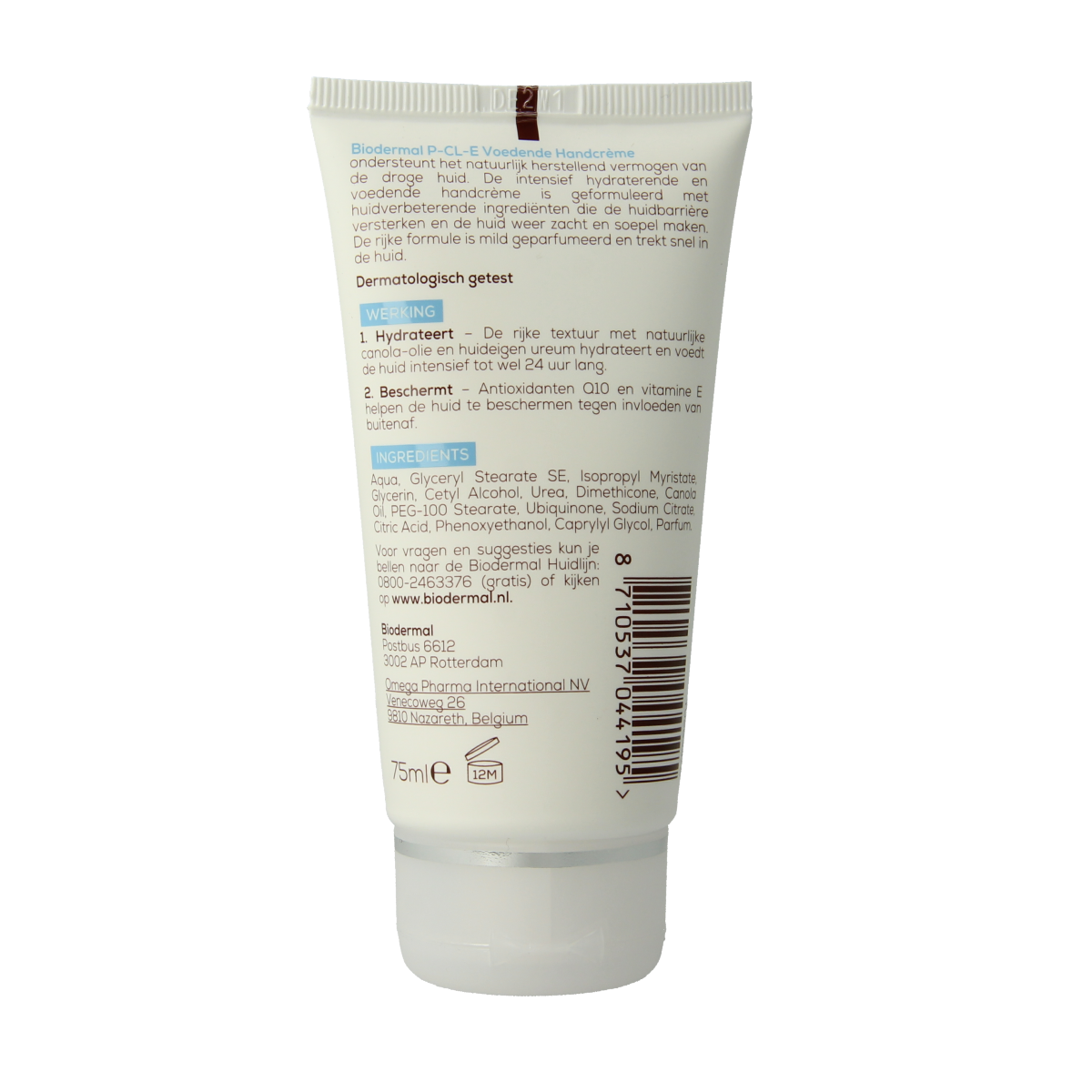 Biodermal hand cream in 75ml tube, moisturizing hand care product with softening and nourishing properties.