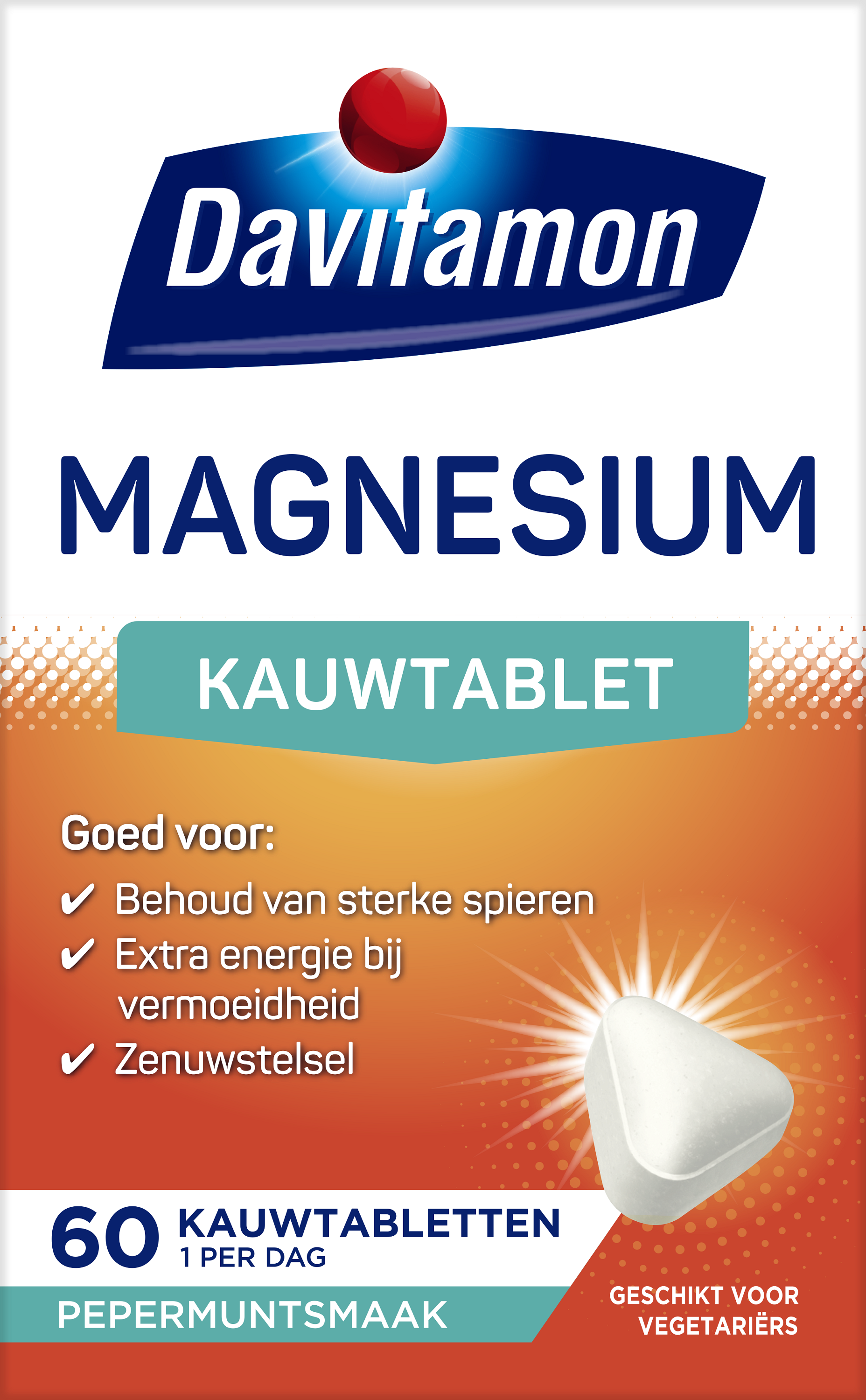Davitamon Magnesium 60 chewable tablets, mineral supplement with magnesium, shown in blister packaging.