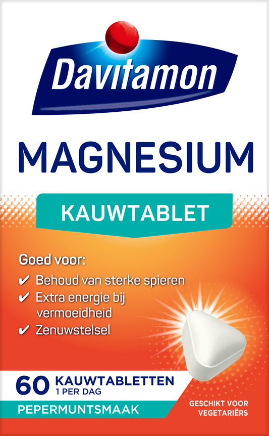 Davitamon Magnesium 60 chewable tablets, mineral supplement with magnesium, shown in blister packaging.