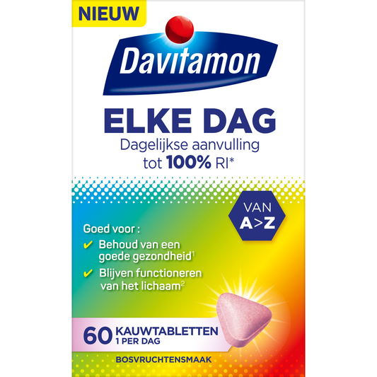 Davitamon Elke dag multivitamine kauwtabletten in a blister pack, dietary supplement for daily vitamin intake.