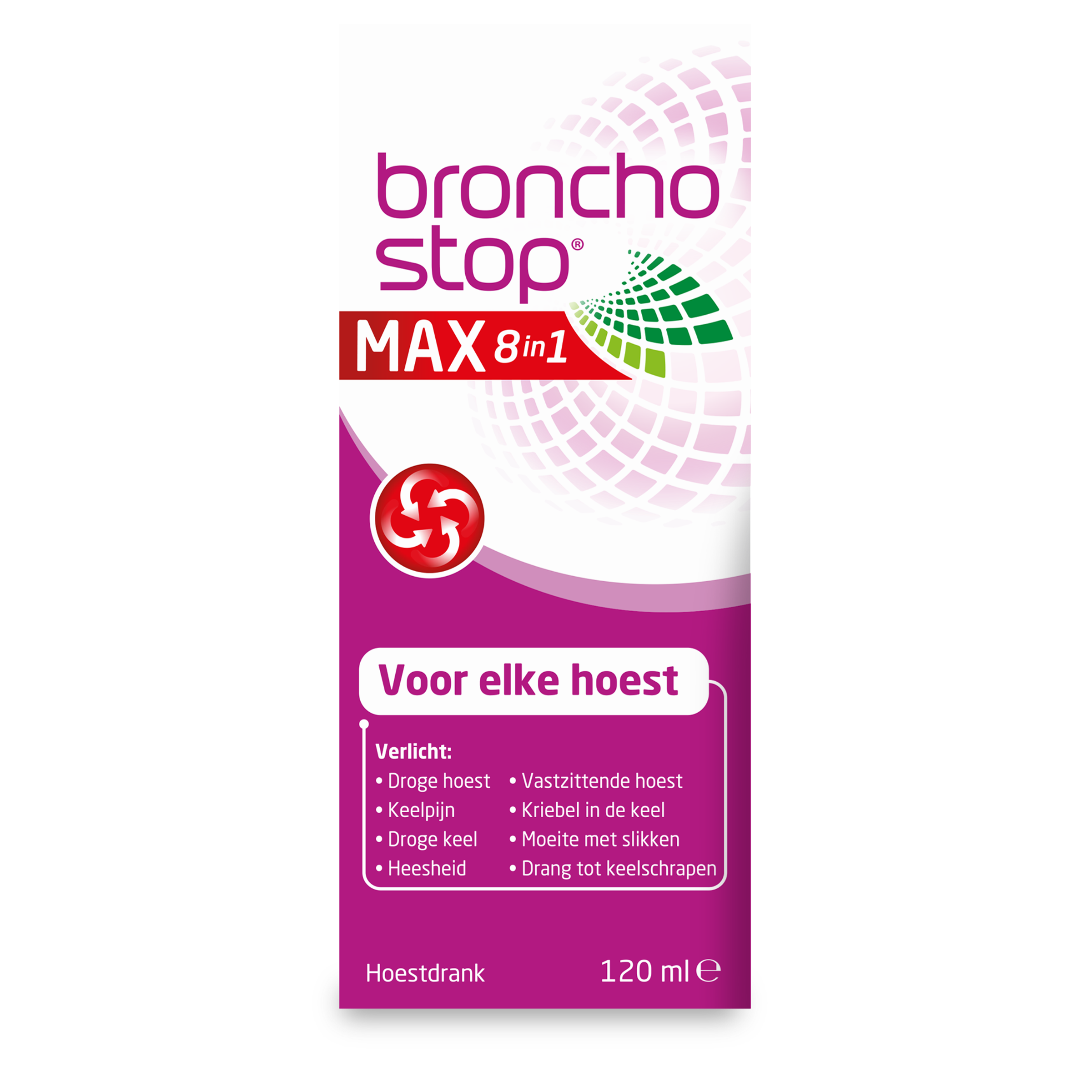 Bronchostop Hoestdrank Max 8 in 1 herbal cough syrup bottle, 120ml, for soothing cough relief.