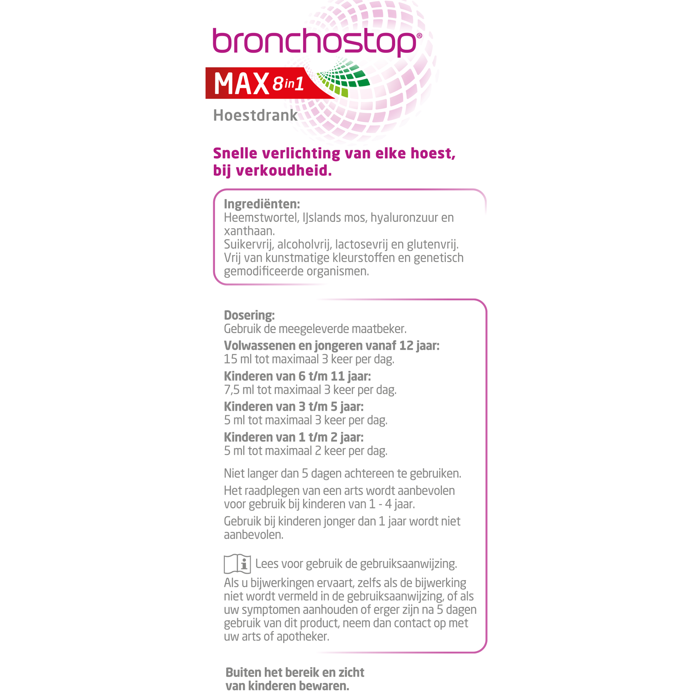 Bronchostop Hoestdrank max 8 in 1 herbal cough syrup in 120ml bottle, designed to soothe and relieve cough symptoms.