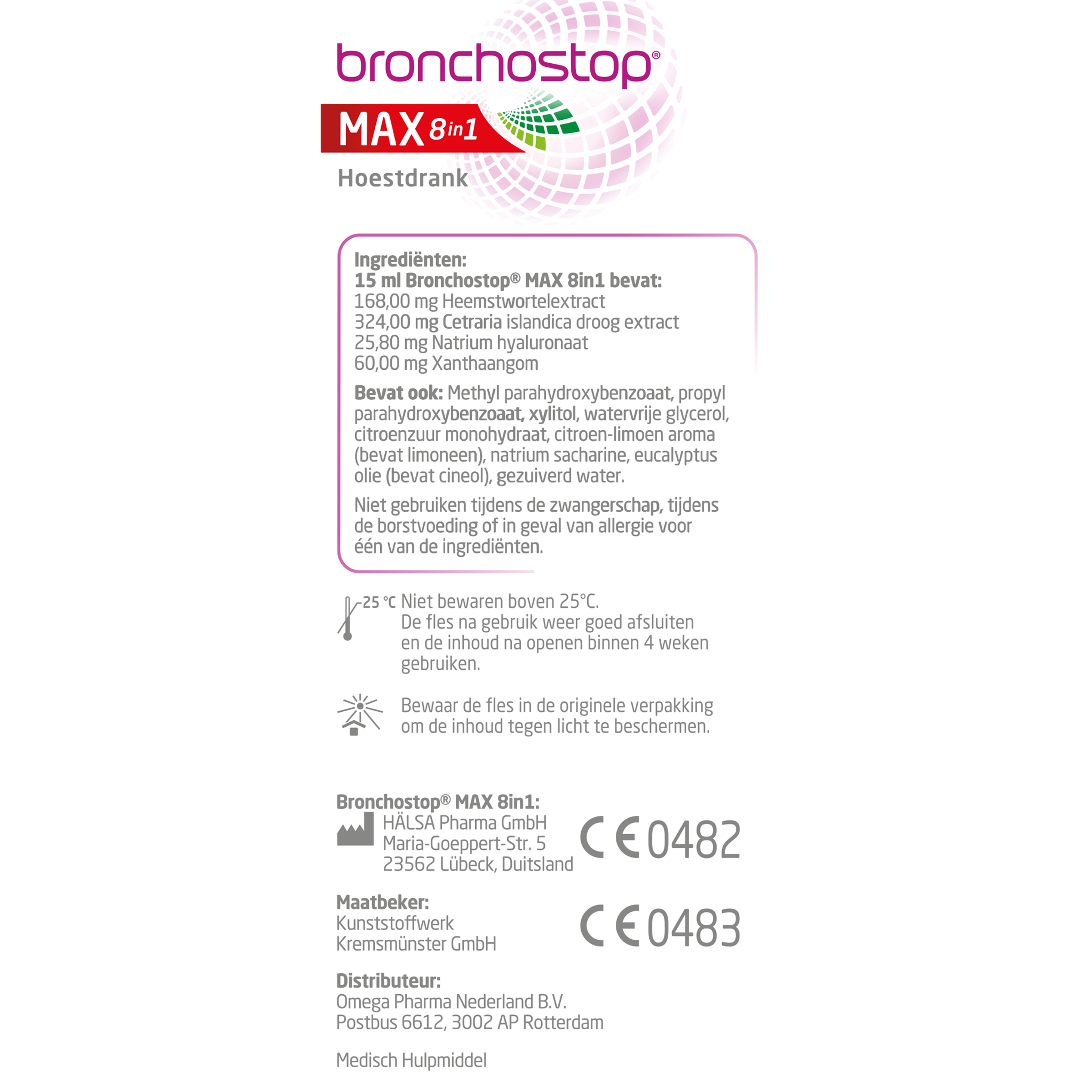 Bronchostop Hoestdrank Max 8-in-1 cough syrup bottle, 120ml, with label showing product details and branding.