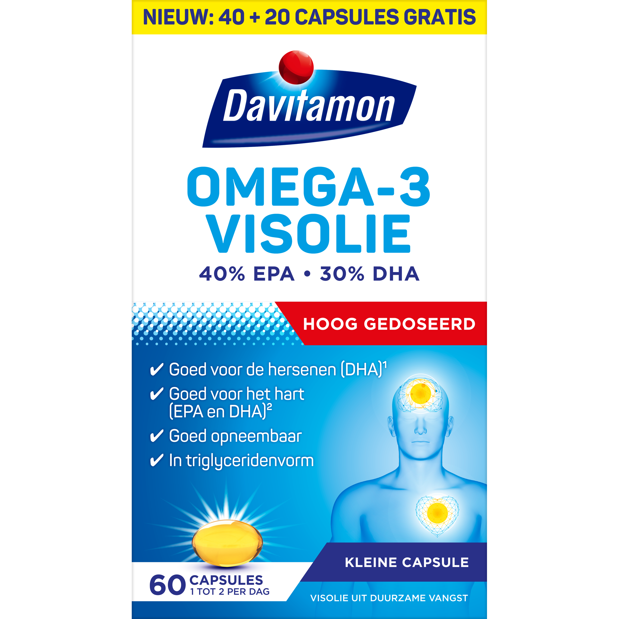 Davitamon Omega 3 fish oil capsules, 60 softgel capsules, rich in omega-3 fatty acids, displayed in a clear container