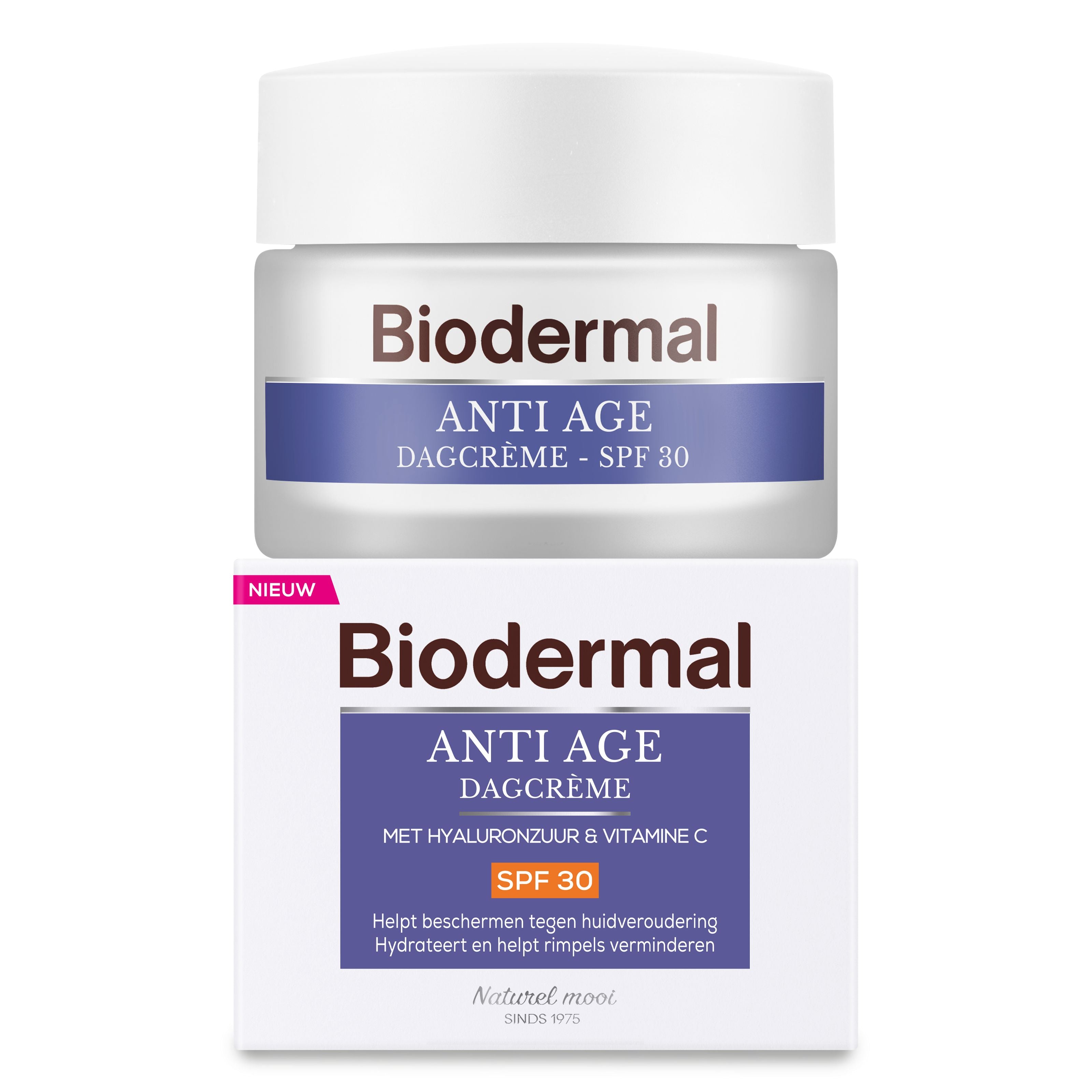 Biodermal Anti-age SPF30 facial skincare cream in 50ml jar, provides sun protection and anti-aging benefits.