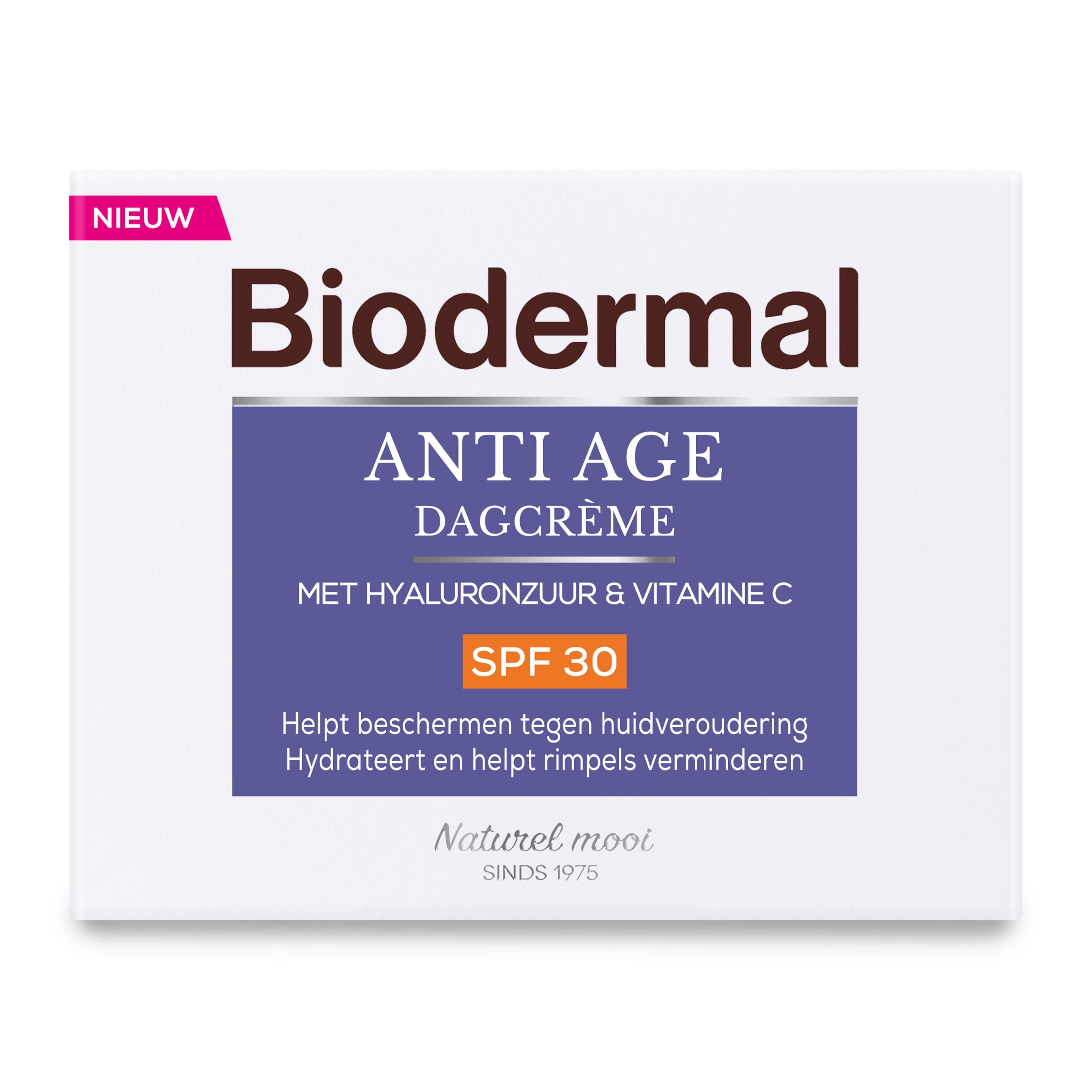 Biodermal Anti-age SPF30 facial skincare cream in 50ml tube, designed for anti-aging and sun protection.