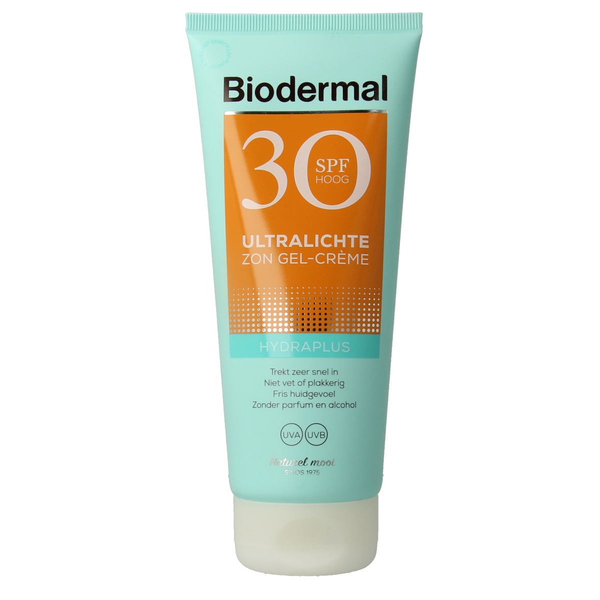 Biodermal Gelcreme ultralicht SPF30 sunscreen in 200ml tube, lightweight sun protection for face and skin.