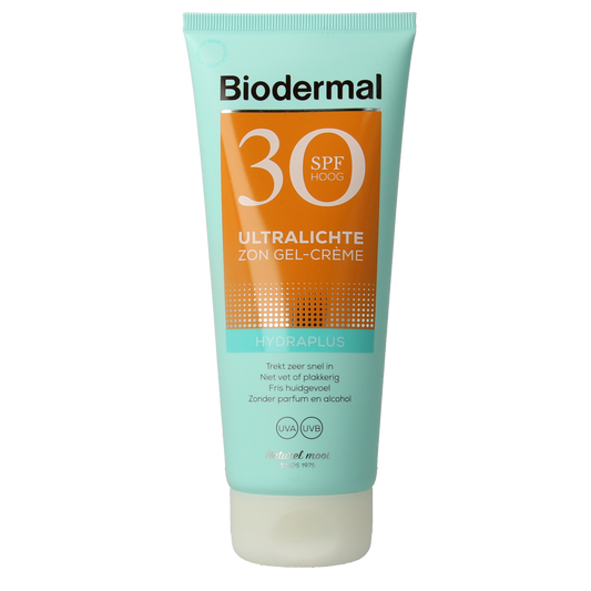 Biodermal Gelcreme ultralicht SPF30 sunscreen in 200ml tube, lightweight sun protection for face and skin.