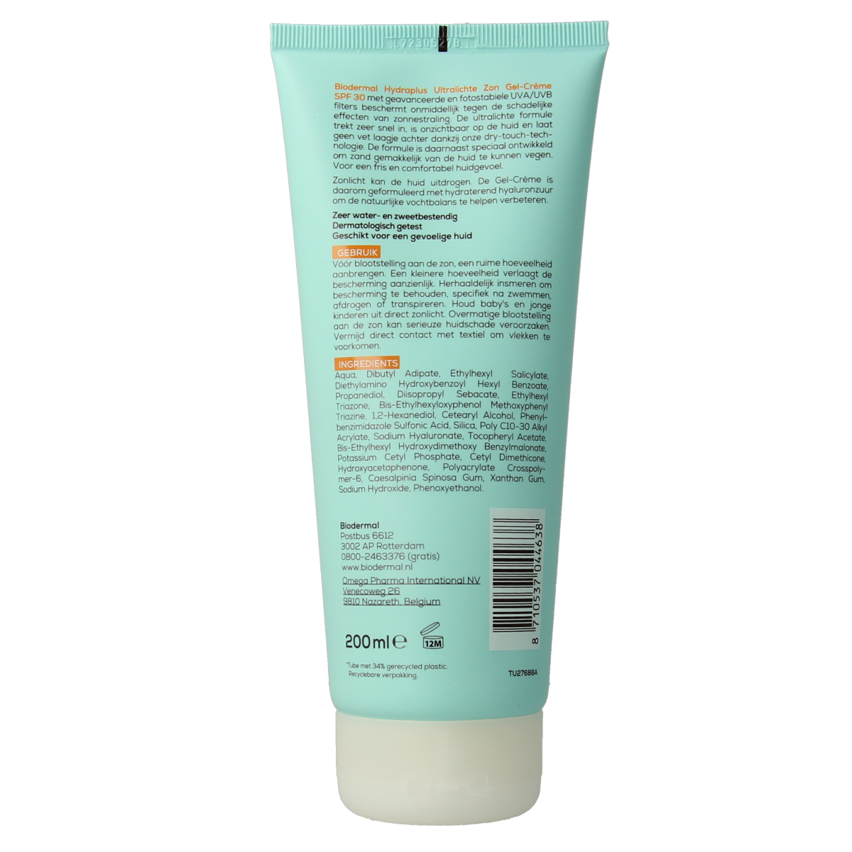 Biodermal Gelcreme ultralicht SPF30 sunscreen in 200ml tube, lightweight sun protection for face and skin.