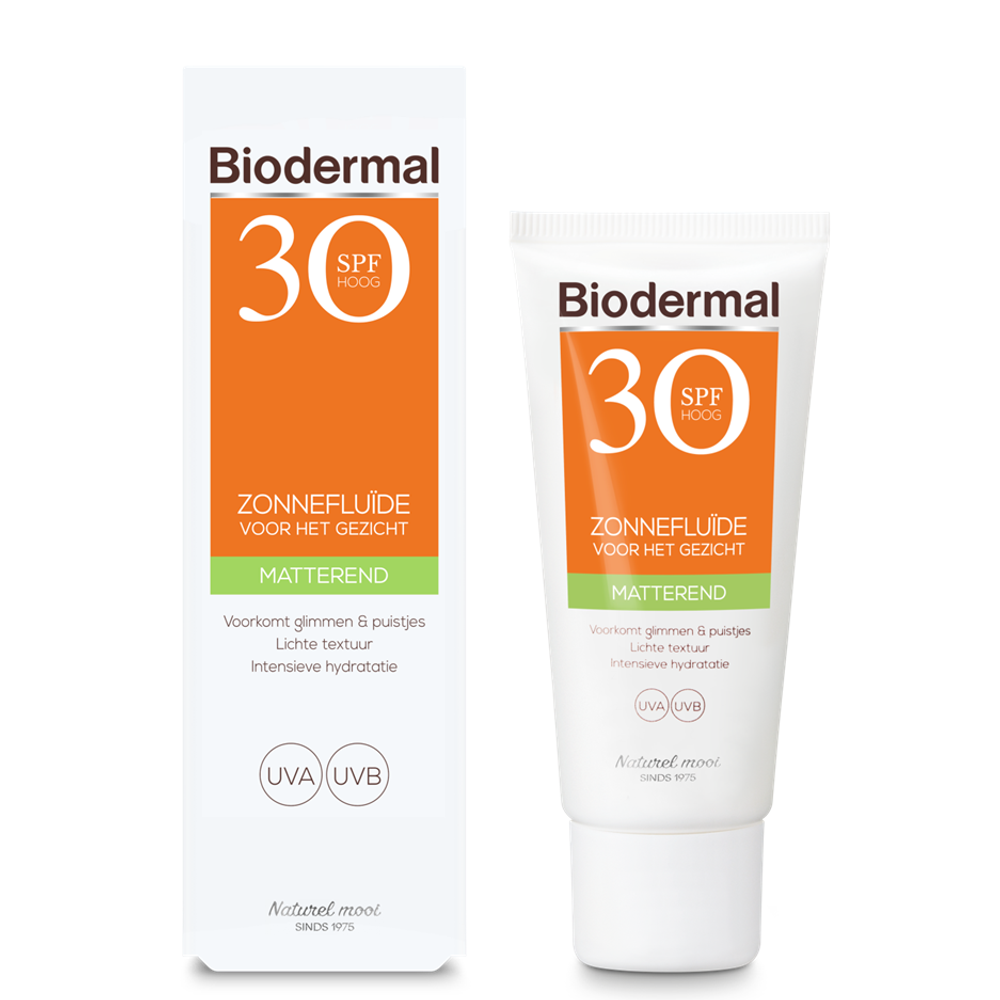 Biodermal Zon fluid matterende zonnefluide SPF30 in 40ml bottle, with smooth texture and matte finish for sun protection