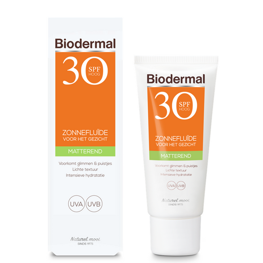 Biodermal Zon fluid matterende zonnefluide SPF30 in 40ml bottle, with smooth texture and matte finish for sun protection