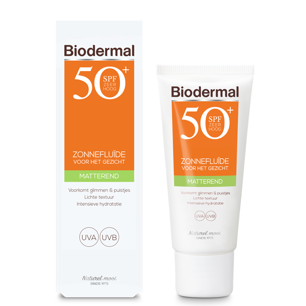 Biodermal Zon fluid SPF50+ matte sunscreen in 40ml bottle, smooth texture and lightweight for daily sun protection