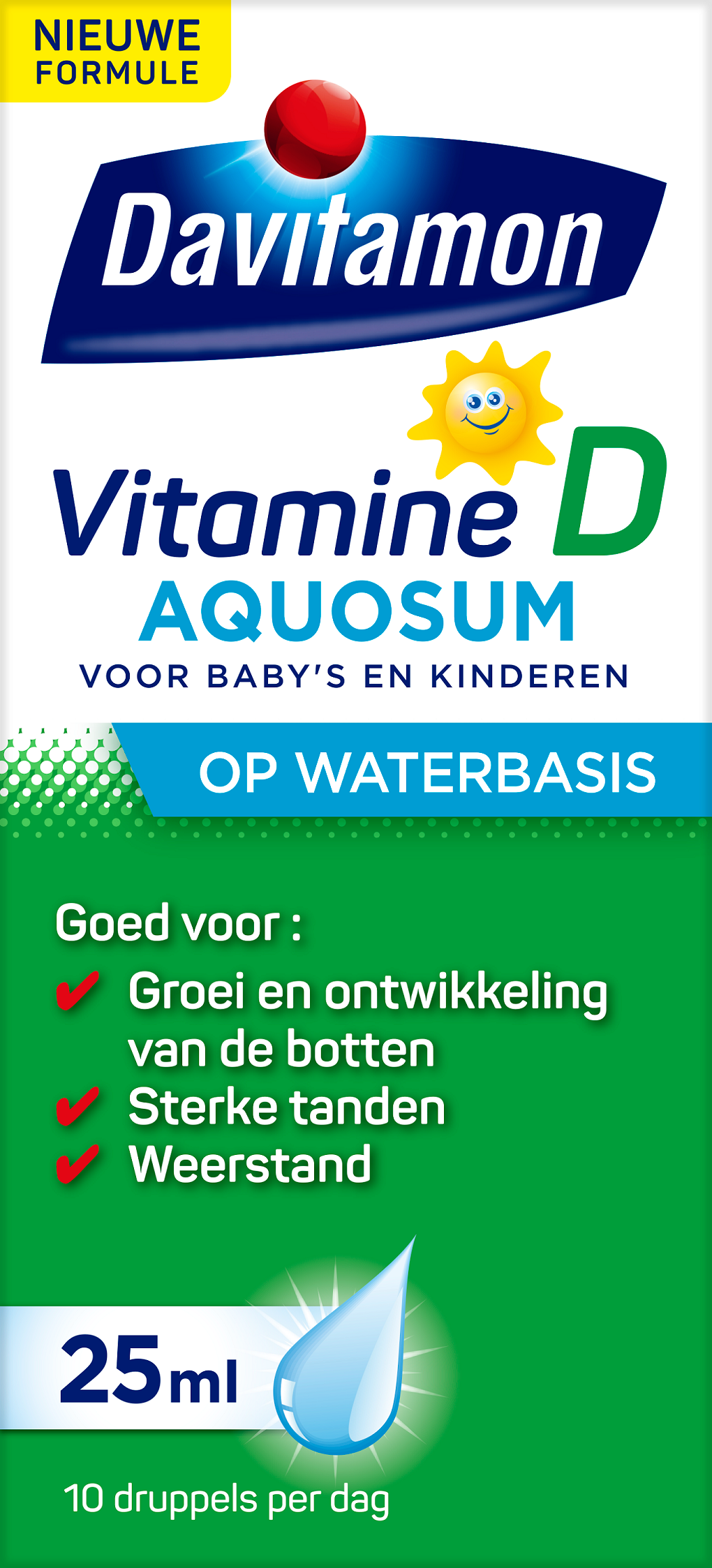 Davitamon Vitamine D Aquosum 25ml bottle, liquid vitamin D supplement in a clear glass bottle with a white cap.