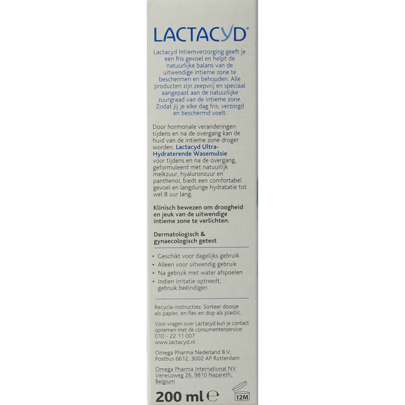 Lactacyd Wasemulsie ultra hydraterende lichaamsverzorging voor overgang, 200 ml, zachte huidverzorging en hydratatie.
