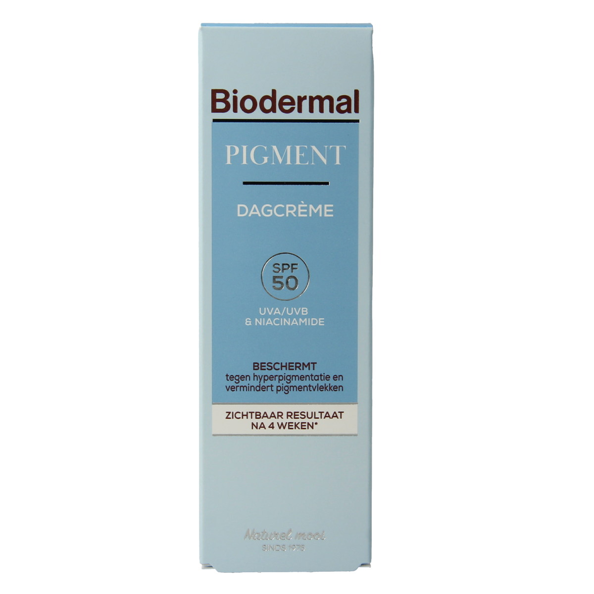 Biodermal anti-pigment SPF50 facial day cream in 50ml tube, providing skin protection and evening pigmentation.