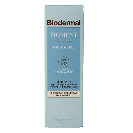 Biodermal anti-pigment SPF50 facial day cream in 50ml tube, providing skin protection and evening pigmentation.