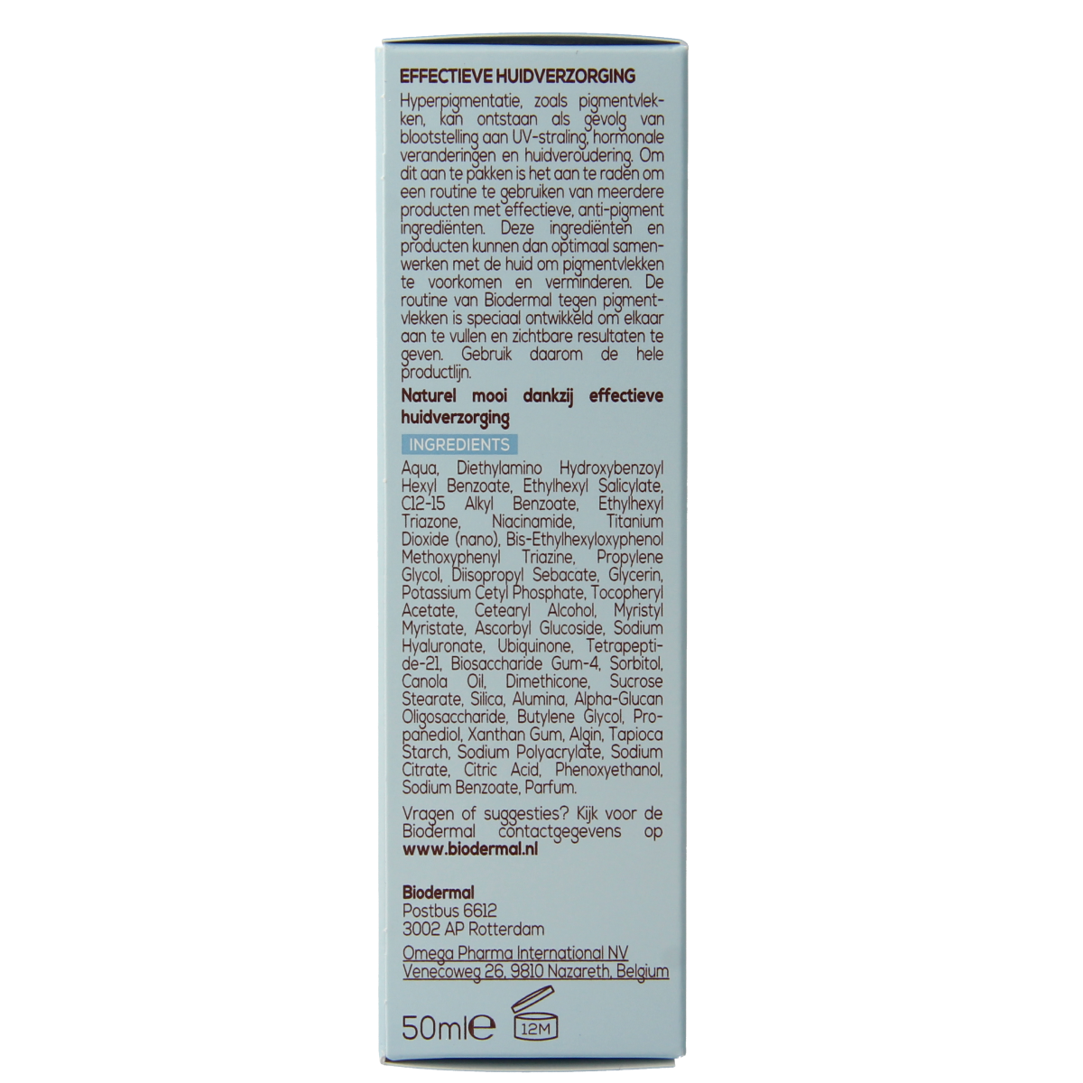 Biodermal Dagcreme anti-pigment SPF50 facial moisturizer in 50ml tube, designed to reduce dark spots and protect skin from sun damage.
