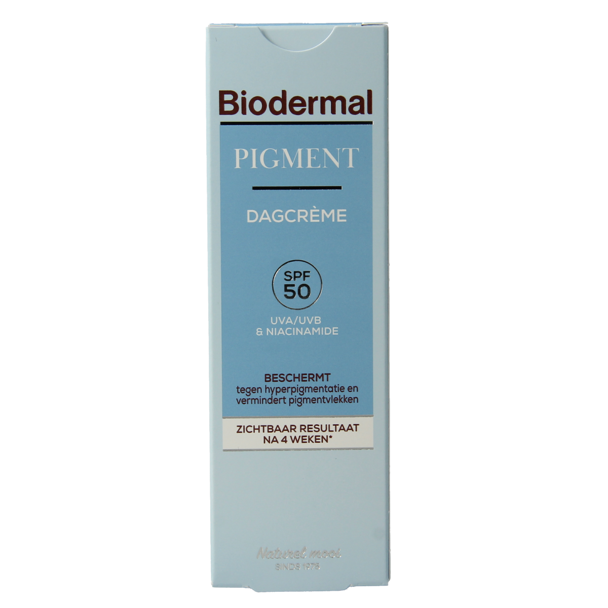 Biodermal anti-pigment SPF50 facial day cream in 50ml jar, designed for skin brightening and sun protection.