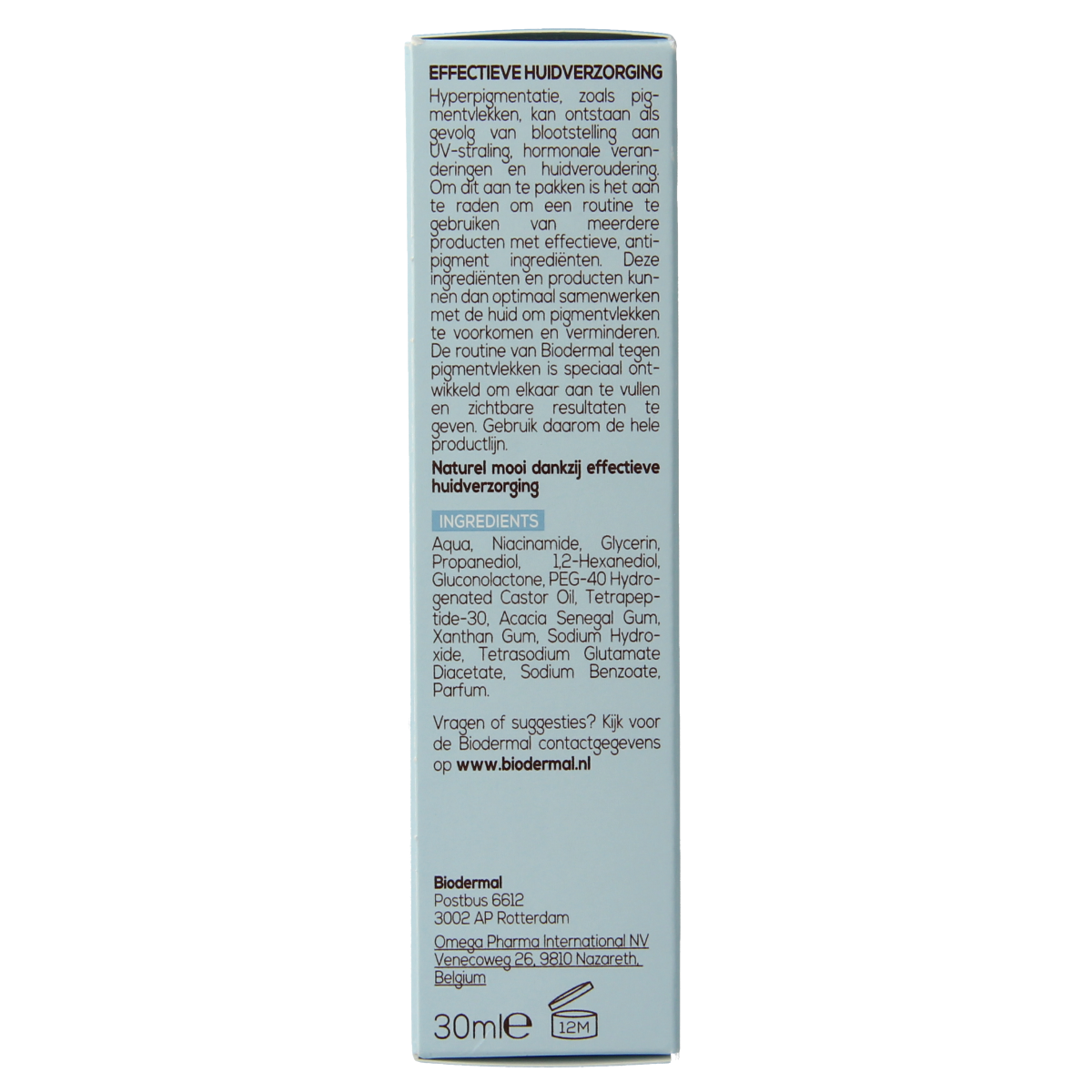 Biodermal anti-pigment serum in 30ml bottle, facial skincare product with clear serum visible in a pump bottle.