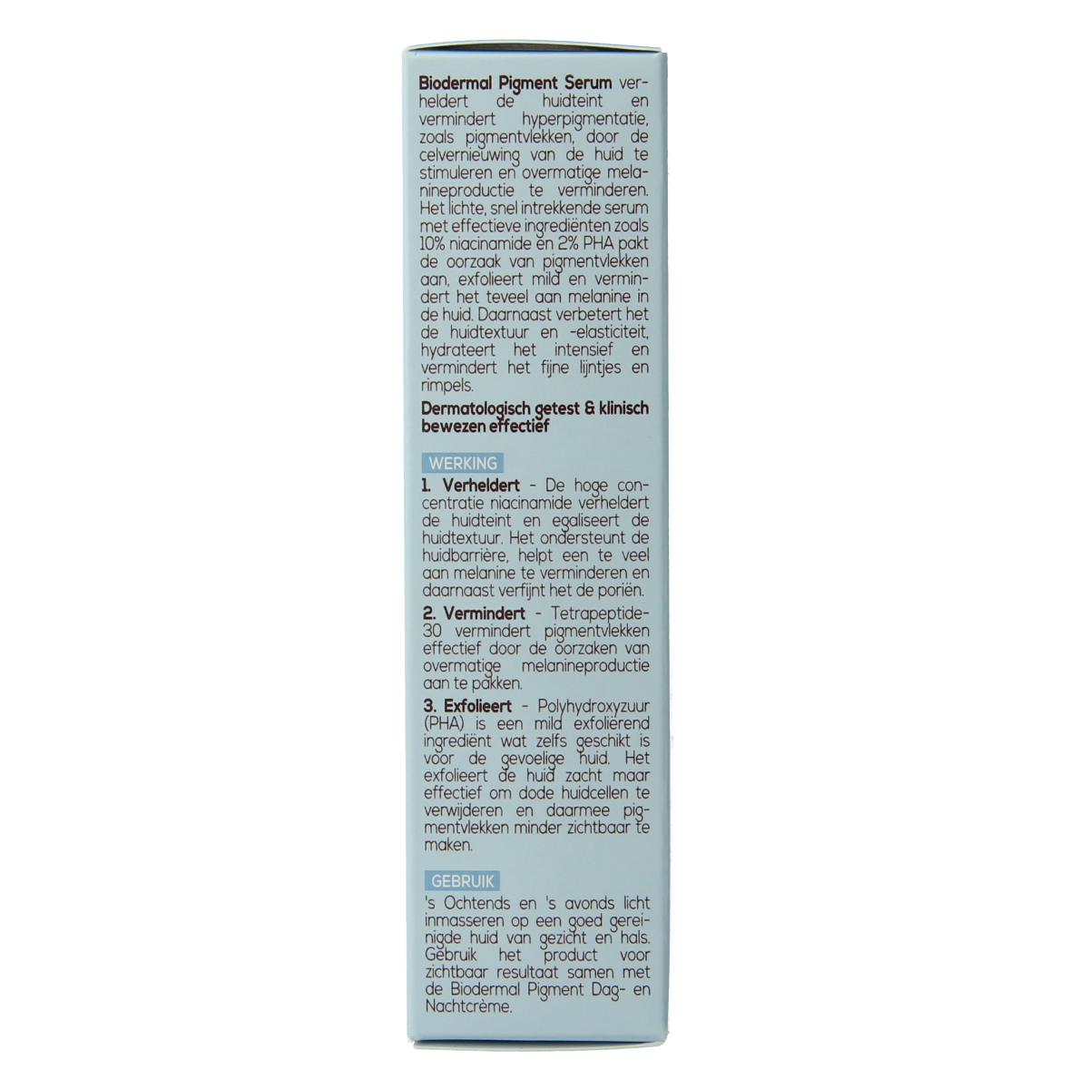 Biodermal anti-pigment serum in 30ml bottle, facial skincare product with dropper for brightening and dark spot reduction.